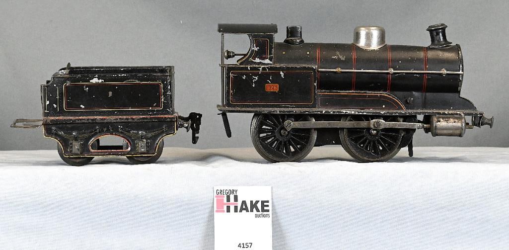 European One Gauge 0-4-0 Clockwork Steam Locomotive and Tender: European One Gauge 0-4-0 Clockwork Steam Locomotive and Tender, C6.