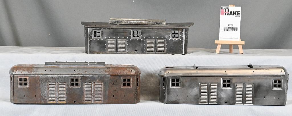 Three American Flyer Wide Gauge Electric Locomotive Bodies: Three American Flyer Wide Gauge Electric Locomotive Bodies. Shells have no paint and missing trim, C5.