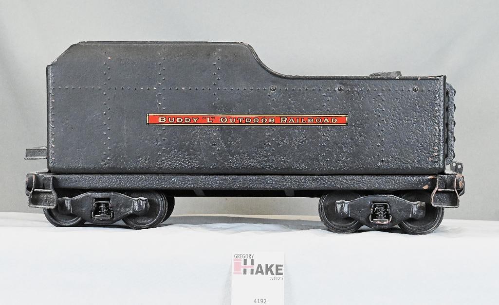 Restored Buddy L Tender: Restored Buddy L Tender. Piece has pitting and has been repainted with New Decals. No coupler or draw bar. Paint covers the body and frame, C7.