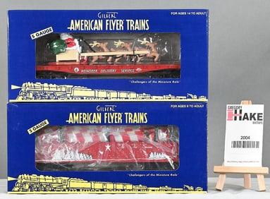 American Flyer 48577 Santa's Sleigh Flatcar, 48553 Christmas Gondola w/Candy Canes, W/Obs