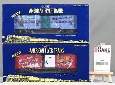 American Flyer 48368 2007 Holiday Boxcar, 48374 2008 Holiday Boxcar w/Obs