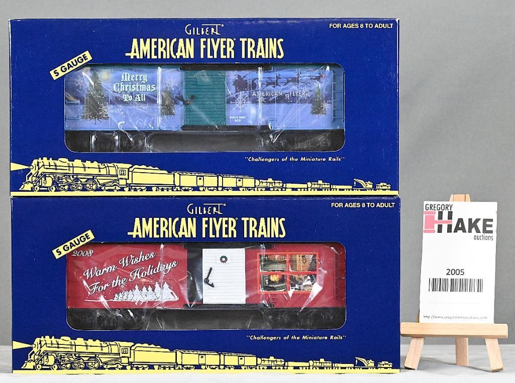 American Flyer 48368 2007 Holiday Boxcar, 48374 2008 Holiday Boxcar w/Obs: American Flyer 48368 2007 Holiday Boxcar, 48374 2008 Holiday Boxcar w/OBs, C9.