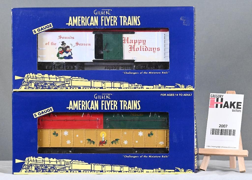 American Flyer 49061 Christmas Music Reefer, 48572 Christmas Gondola w/Covers, w/Obs: American Flyer 49061 Christmas Music Reefer, 48572 Christmas Gondola w/Covers, w/OBs, C9.
