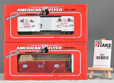 American Flyer 48314 1992 Christmas Boxcar, 48712 1995 Christmas By Window Caboose w/Obs