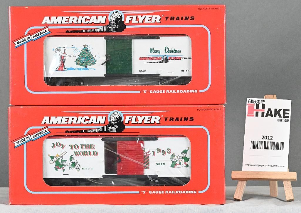 American Flyer 48325 1996 Holiday boxcar 48319 1993 Christmas boxcar, w/OB'S: American Flyer 48325 1996 Holiday boxcar 48319 1993 Christmas boxcar, C9 w/OBs.