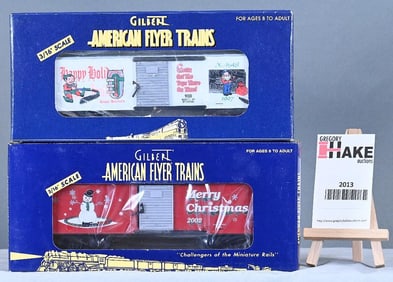 American Flyer 48327 1997 Christmas Boxcar, 48346 2002 Christmas Boxcar, w/Obs
