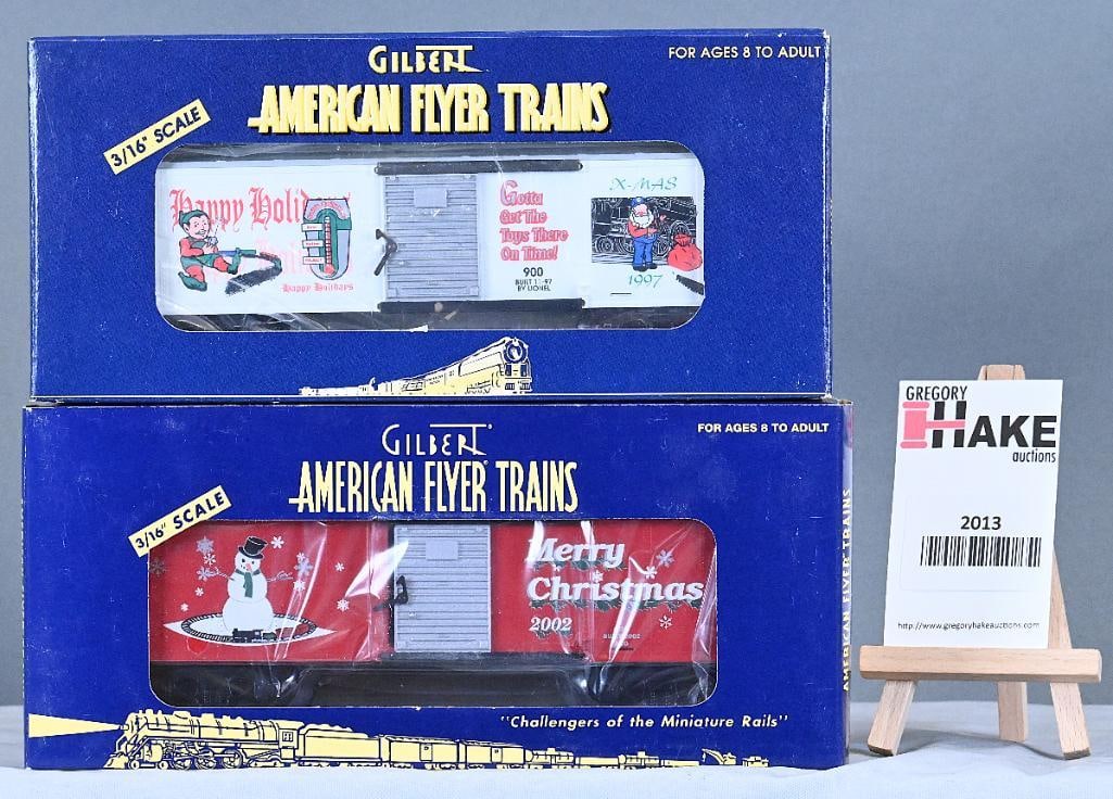 American Flyer 48327 1997 Christmas Boxcar, 48346 2002 Christmas Boxcar, w/Obs: American Flyer 48327 1997 Christmas Boxcar, 48346 2002 Christmas Boxcar, w/OBs, C9.
