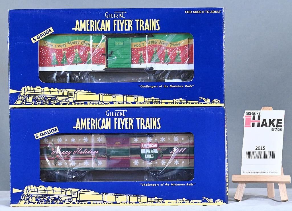 American Flyer 48363 2006 Christmas Boxcar, 48394 2011 Holiday Boxcar w/Obs: American Flyer 48363 2006 Christmas Boxcar, 48394 2011 Holiday Boxcar w/OBs, C9.