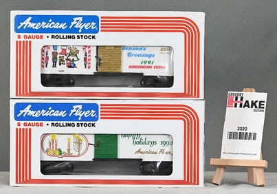 American Flyer 48311 1991 Season's Greetings Boxcar, 48309 1990 Season's Greetings Boxcar w/Obs