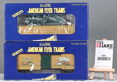 American Flyer 48335 Holiday Gondola w Christmas Trees , 48340 2000 Christmas Boxcar w/Obs