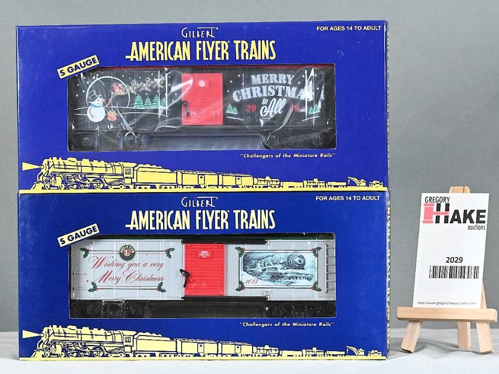 American Flyer 1919320 2019 Christmas Boxcar, 48833 2018 Christmas Boxcar w/Obs: American Flyer 1919320 2019 Christmas Boxcar, 48833 2018 Christmas Boxcar w/OBs, C9.