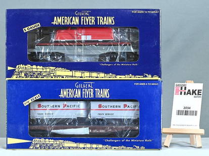 American Flyer  49045 #915 Unloading Car, 48532 Southern Pacific Flatcar with Piggback Trailers,: American Flyer 49045 #915 Unloading Car, 48532 Southern Pacific Flatcar with Piggback Trailers, w/OBs, C9.