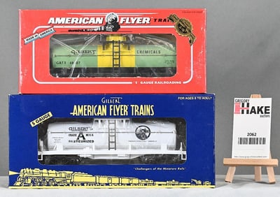 American Flyer 48407 Gilbert Chemicals tank car, 48239 TTOS 2005 Gilberts Grade A milk tank car,