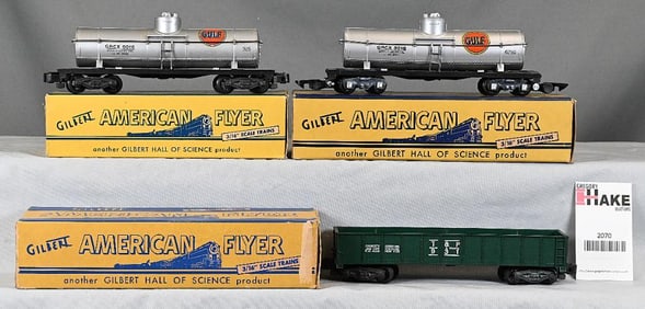 American Flyer 625 Gulf Tank Car, 925 Gulf Tank Car, & 931 T&P Gondola w/ OB'S
