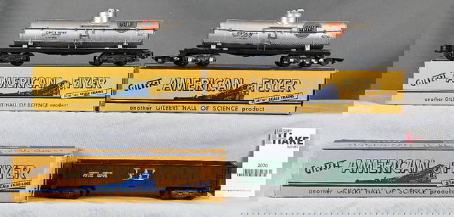 American Flyer 625 Gulf Tank Car, 925 Gulf Tank Car, & 931 T&P Gondola w/ OB'S: American Flyer 625 Gulf Tank Car, 925 Gulf Tank Car, & 931 T&P Gondola w/ OB'S, Cars are C7.