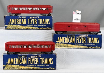 American Flyer Red Painted 955 x 2 NH Style Pullmans and a 951 REA Car w/ OB's