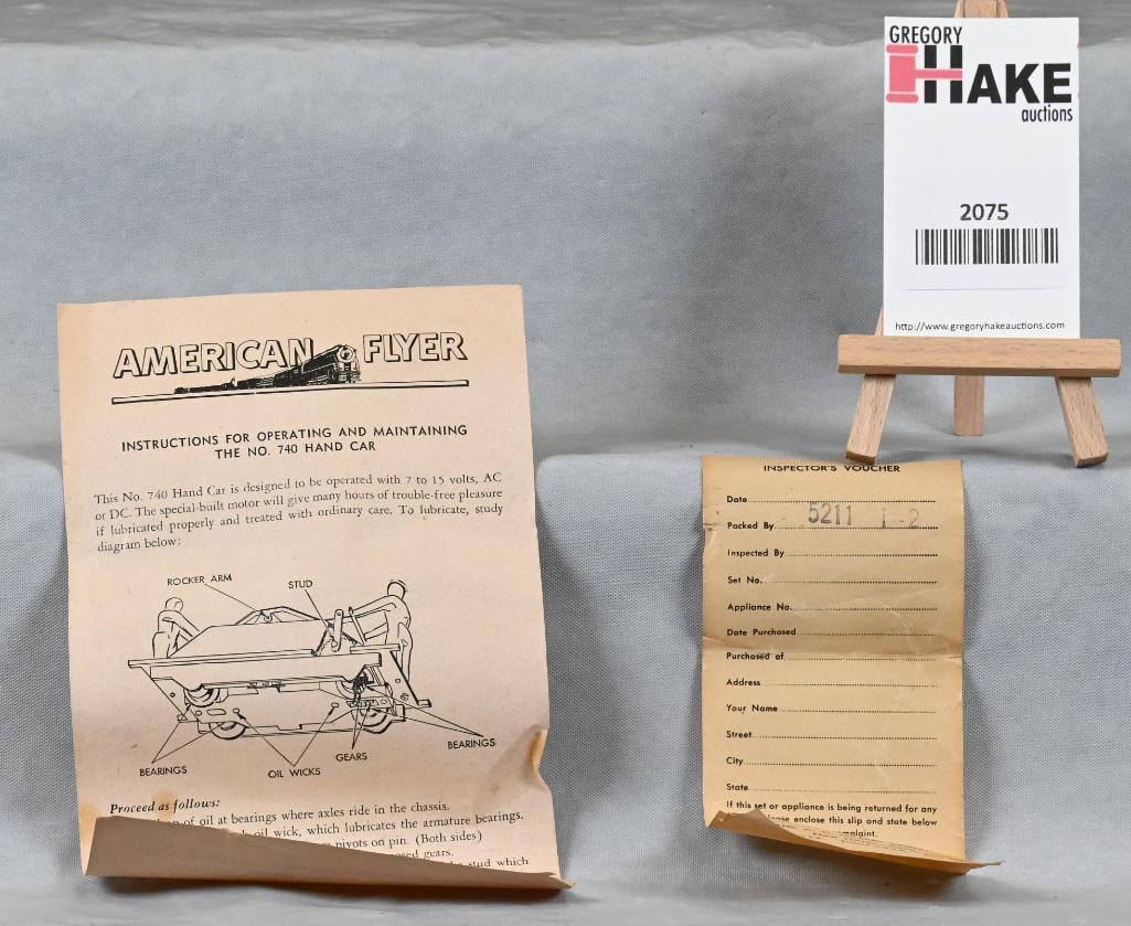 American Flyer 740 Handcar w/ OB, Instructions and Inspection Slip: American Flyer 740 Handcar w/ OB, Instructions and Inspection Slip, C7.