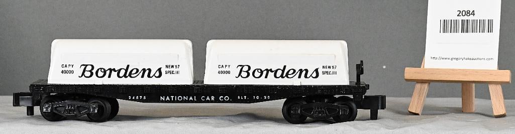 American Flyer 24575 Bordens flatcar with load, pikemaster trucks: American Flyer 24575 Bordens flatcar with load, pikemaster trucks, C8