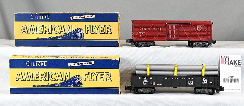 American Flyer 929 Missouri Pacific Cattle Car & 911 C&O Gondola w/ pipes and original boxes. (1 of 6)