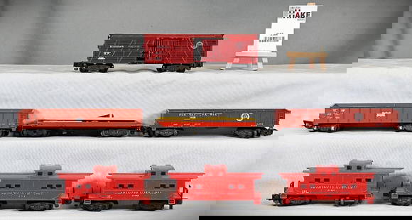 7 American Flyer freight cars: 915; 24016 gondola; 929 cattle car; 641 gondola; 806, 24636, 24627: 7 American Flyer freight cars: 915; 24016 gondola; 929 cattle car; 641 gondola; 806, 24636, 24627 cabooses. All C6/7.