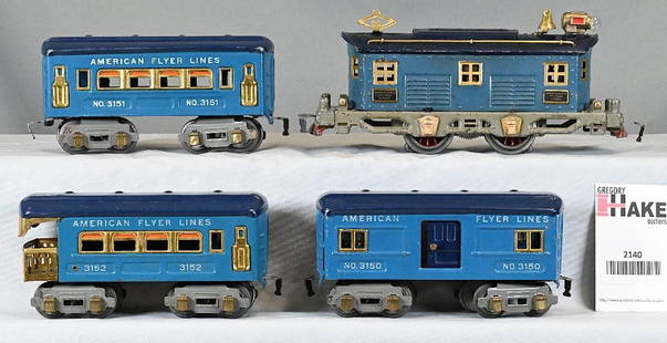 American Flyer Prewar O Gauge 3105 Locomotive two-tone blue passenger set: American Flyer Prewar O Gauge 3105 Locomotive two-tone blue passenger set with 3150, 3151, 3152 passenger cars, C7. Car roofs appear to be repainted, otherwise all original.