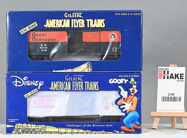 American Flyer 48328 Great Northern boxcar, 48349 Disney Goofy boxcar, w/OBs.