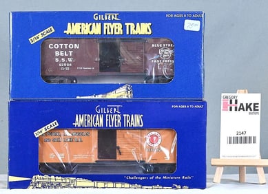 American Flyer 48209 1998 TTOS Cotton Belt boxcar, 48225 2002 TTOS Salt Lake Route boxcar w/OBs.