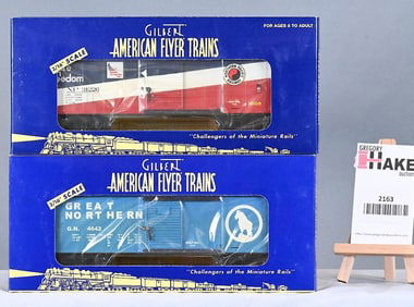 American Flyer 48348 Northern Pacific Boxcar, 48343 Great Northern Boxcar, w/Obs