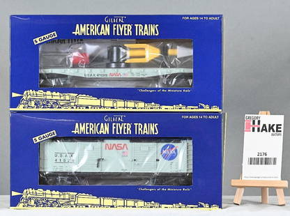 American Flyer 41028 TCA 2016 NASA Rocket Launch Flatcar, 41029 TCA 2016 NASA Unloading Boxcar,: American Flyer 41028 TCA 2016 NASA Rocket Launch Flatcar, 41029 TCA 2016 NASA Unloading Boxcar, w/OBs, C9.