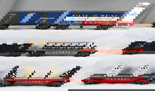 Group of Lionel Postwar Freight Cars - 3494-275 "BAR" , 6468 B&O, 6511, 6467, 6462 & 6805: Group of Lionel Postwar Freight Cars - 3494-275 State of Maine "BAR" , 6468 B&O, 6511, 6467, 6462 and 6805 (missing some grab irons). All C6/7 area. Size 12x10x10