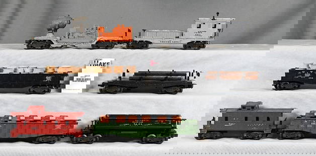 Group of lionel Postwar Freight Cars - 3469, 6462 Green, 6462 Black, 6520 Orange, 3451, 6419 & 6257: Group of lionel Postwar Freight Cars - 3469, 6462 Green, 6462 Black, 6520 Orange, 3451, 6419 and 6257, C6/7. Size 12x10x10