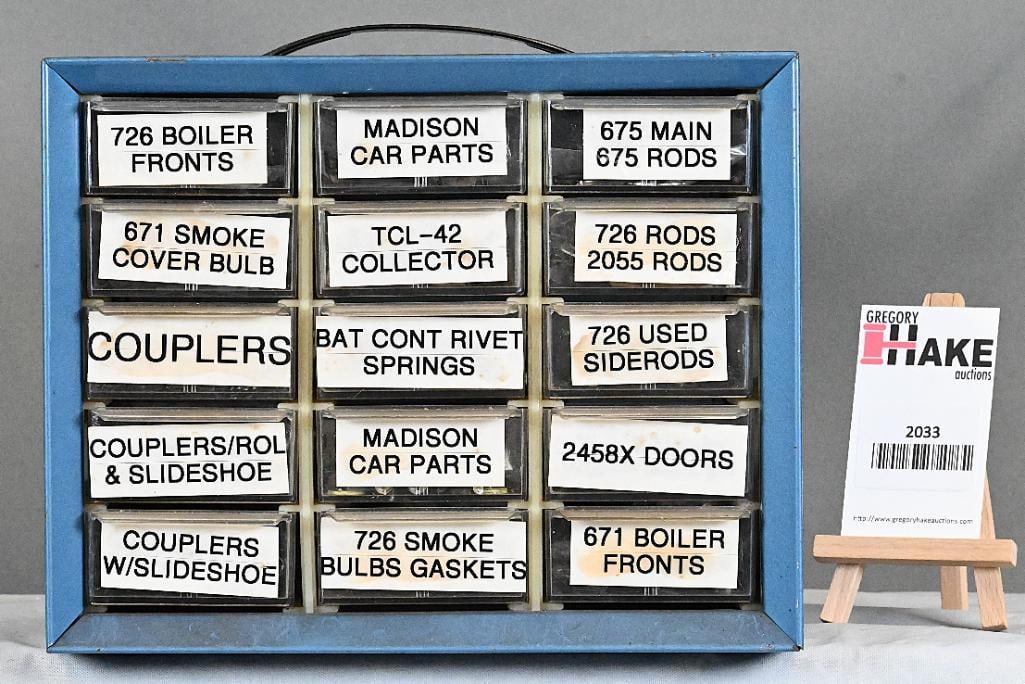 Parts Cabinet of Lionel Postwar Parts: Parts Cabinet of Lionel Postwar Parts - Boiler Fronts, Side Rods, Doors, Rivets, Smoke Bulbs & More, C6-C8. Size 12x6x10