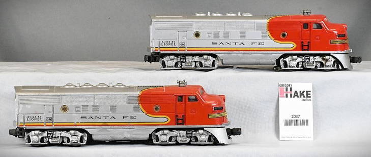 Lionel Postwar 2353 Santa Fe AA Powered and Dummy F3 Diesel Locomotives: Lionel Postwar 2353 Santa Fe AA Powered and Dummy F3 Diesel Locomotives, C6/7. Size 14x6x4