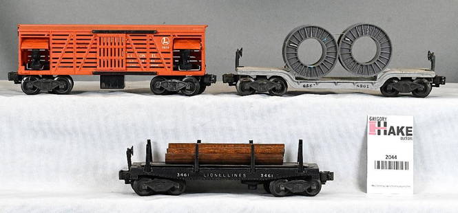 3 Lionel Postwar Freight Cars - 3461, 3656, and 6561: 3 Lionel Postwar Freight Cars - 3461, 3656, and 6561, C6. Size 8x5x4