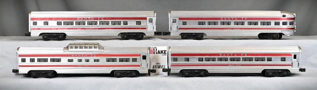 Lionel Postwar Santa Fe 2561, 2562 and 2563 x 2 Extruded Aluminum Passenger Cars: Lionel Postwar Santa Fe 2561, 2562 and 2563 x 2 Extruded Aluminum Passenger Cars, lower C7. Need to be cleaned. Size 16x8x8
