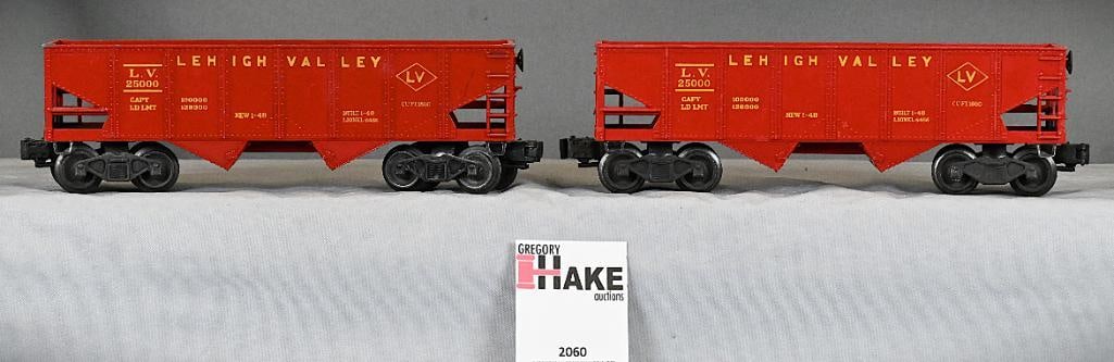 2 Lionel Postwar 6456-75 Glossy Red w/ Yellow Lettering Hoppers: 2 Lionel Postwar 6456-75 Glossy Red w/ Yellow Lettering Hoppers, C7. Size 8x5x6x4