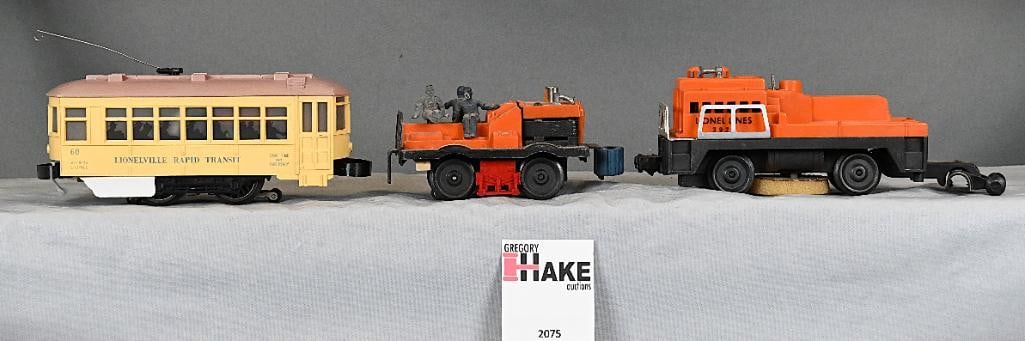 Lionel Postwar 50 Gang Car, 3927 Track Cleaning Car and 60 Blue Lettered Troller: Lionel Postwar 50 Gang Car, 3927 Track Cleaning Car and 60 Blue Lettered Troller, C6. Size 8x6x5