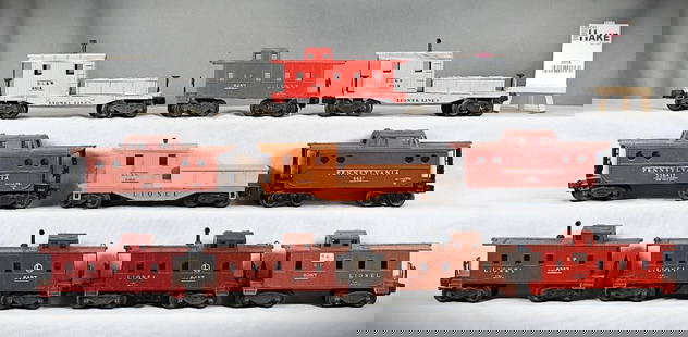 Large Group of Lionel Postwar Cabooses. 6457 x2, 6357, 6257 x 2, 6417, 6437, 6119-25, and 2419 x 2: Large Group of Lionel Postwar Cabooses. 6457 x2, 6357, 6257 x 2, 6417, 6437, 6119-25, and 2419 x 2, all C6/7. Size 12x10x8