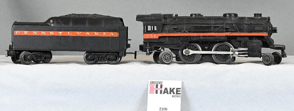 Lionel Postwar 250 Steam Locomotive and Pennsylvania Tender: Lionel Postwar 250 Steam Locomotive and Pennsylvania Tender, C6. Size 10x64x5