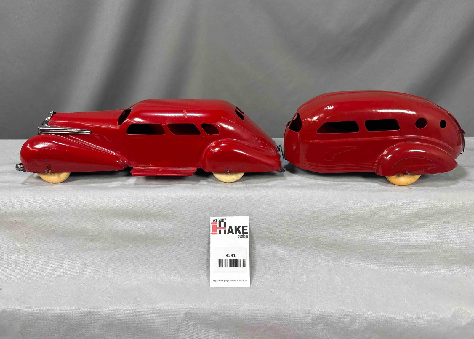 Pressed Steel Automobile & Travel Trailer: Pressed Steel Automobile & Travel Trailer, together 25" long, restored to C7.