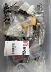 Box Lot of Nickle Train Parts Mostly Couplers, Side Rods & Trim
