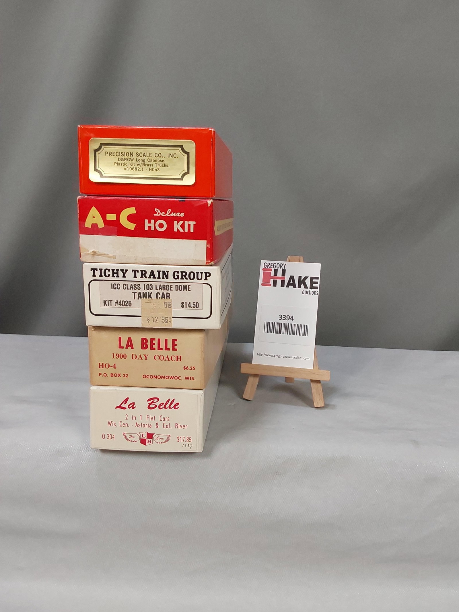 Group of 5 HO Model Kits/Parts: Group of 2 La Belle Kits: No. 0-304 Wis. Cen. Astoria & Col River w/instructions & box; HO-4 1900 day coach box with various instruction sheets and some parts/pieces. Tichy ICC class large dom