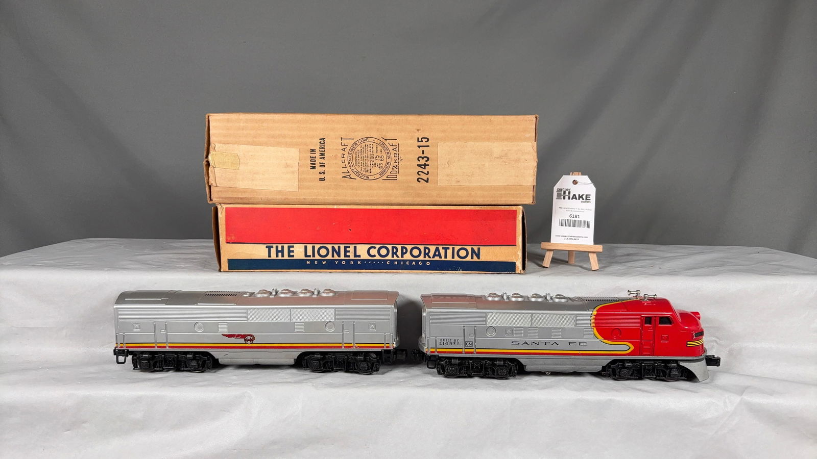 Lionel Postwar 2243 Santa Fe AB Diesel F3 Locomotives w/OBs: Lionel Postwar 2243 Santa Fe AB Diesel F3 Locomotives w/OBs. Diesels need a light cleaning, otherwise C7+. Power box is factory sealed at one end and dummy box has clear tape on each end.