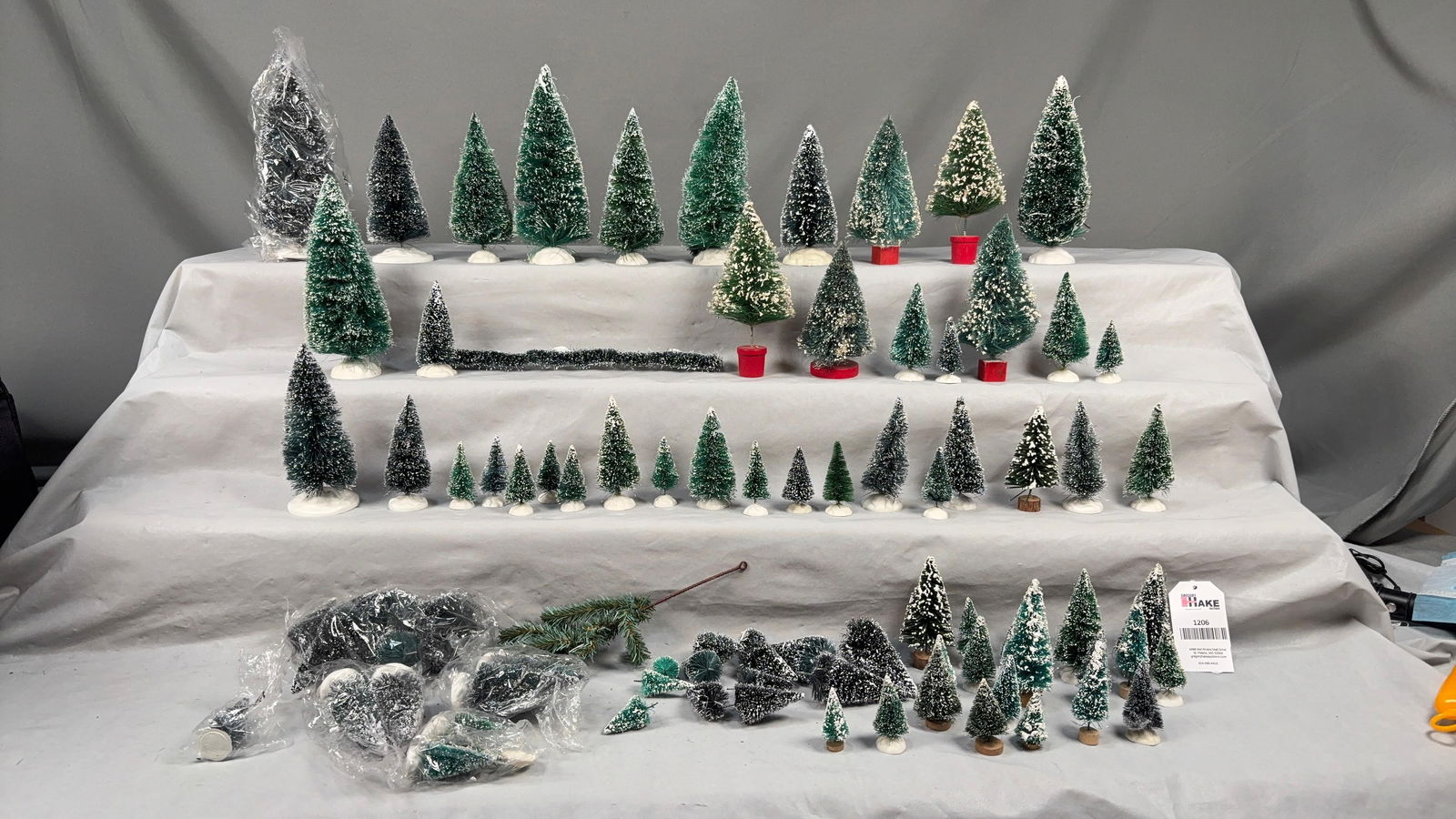 Large Box Lot of Snow Flocked Evergreen Trees for Layout: Large Box Lot of Snow Flocked Evergreen Trees for Layout, C8/9. See Photos for Details.Size12x8x12
