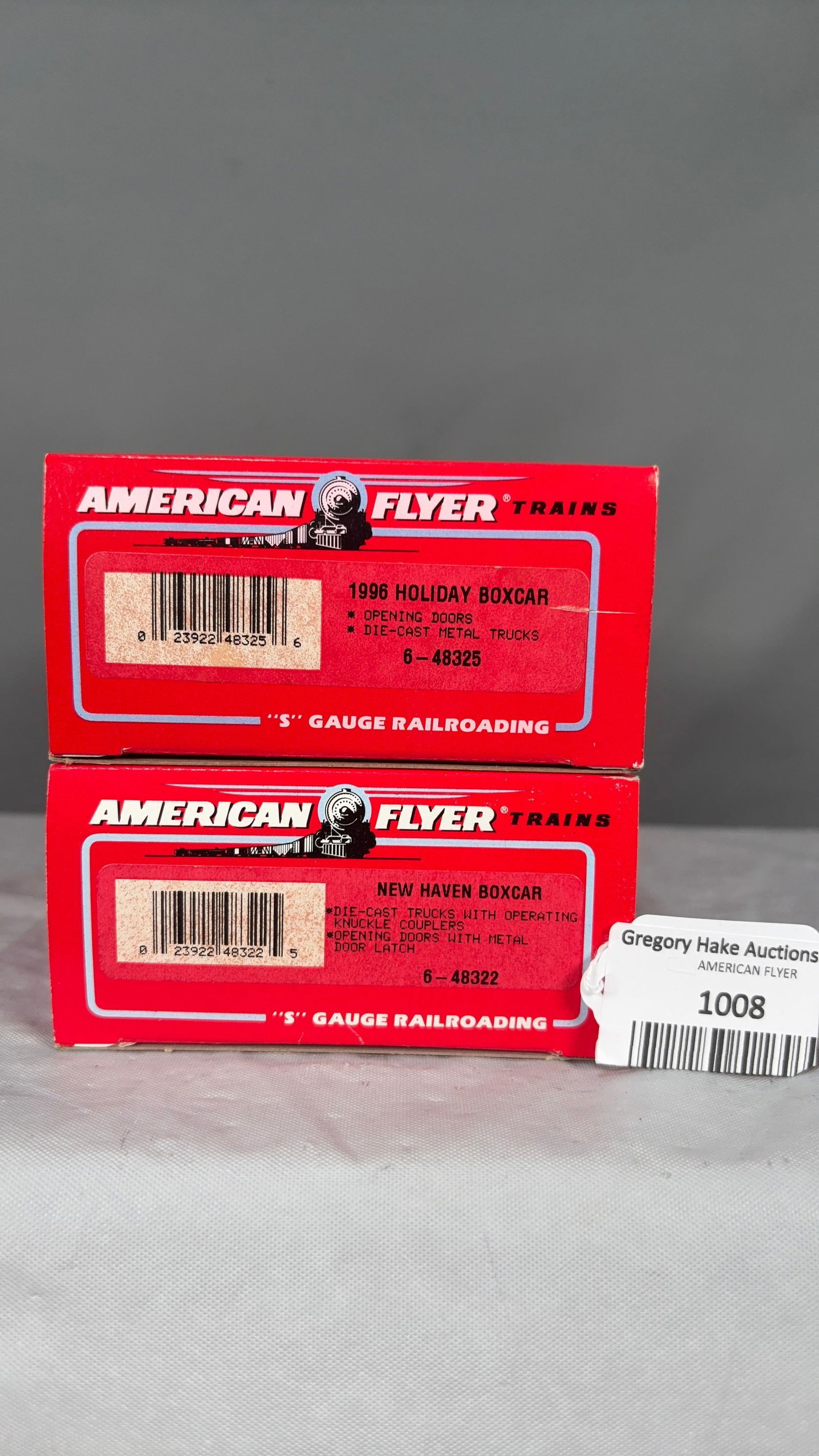 Lot of 2 American Flyer Freight Cars: 6-48325 1996 Holiday Box Car and 6-48322 New Haven Box w/OBs - 2