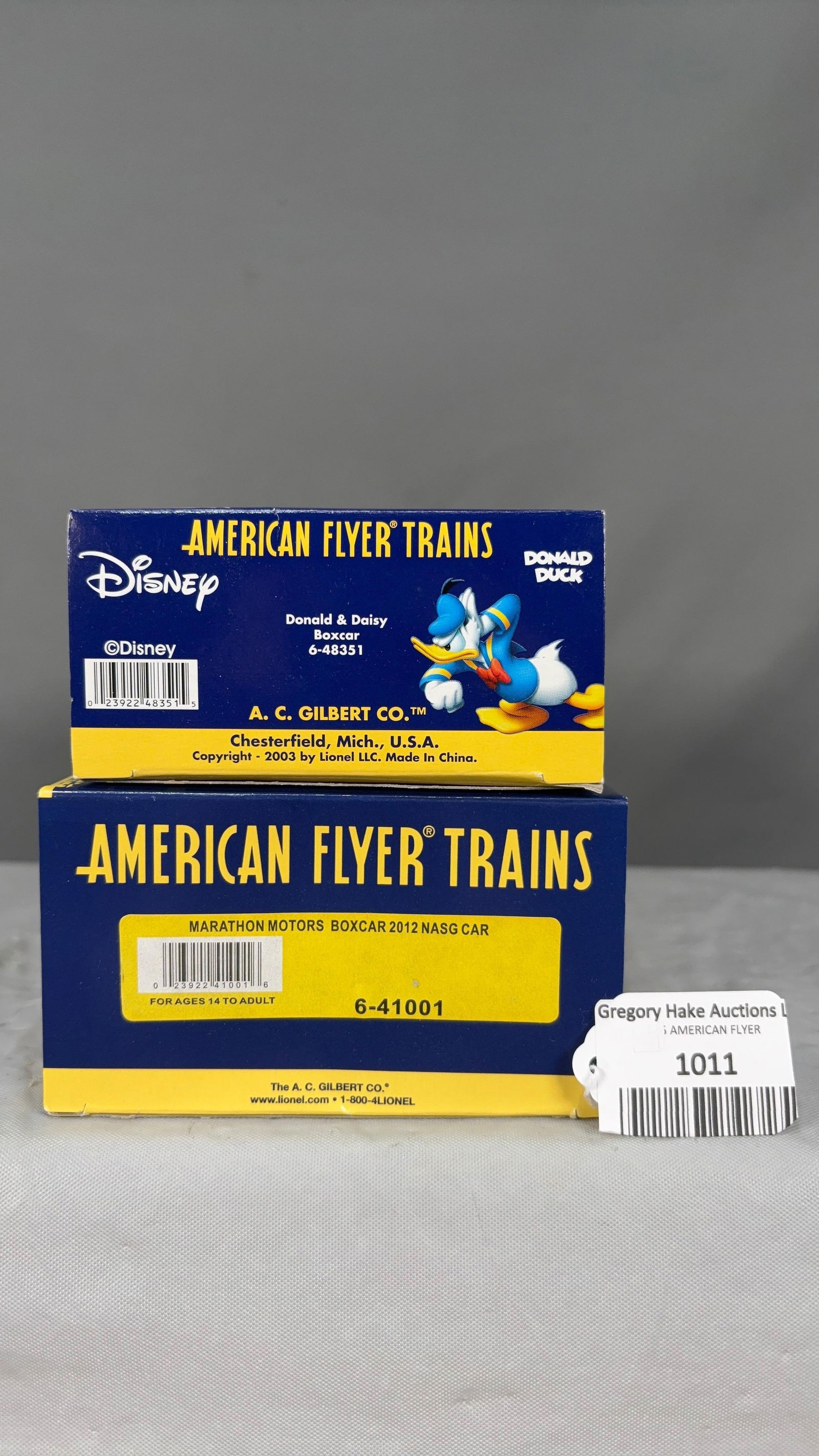 Lot of 2 AmFlyer Freight Cars 6-48351 Donald & Daisy Boxcar and 6-41001 Marathon Motors Boxcar w/obs - 2