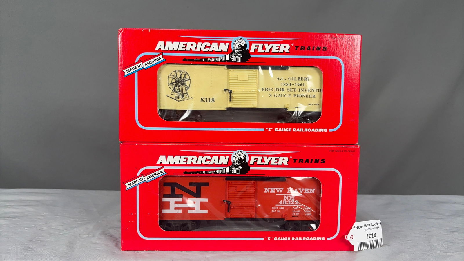 Lot of 2 American Flyer Freight Cars 6-48318 AC Gilbert Boxcar and 6-48322 New Haven Boxcar w/OBs (1 of 2)