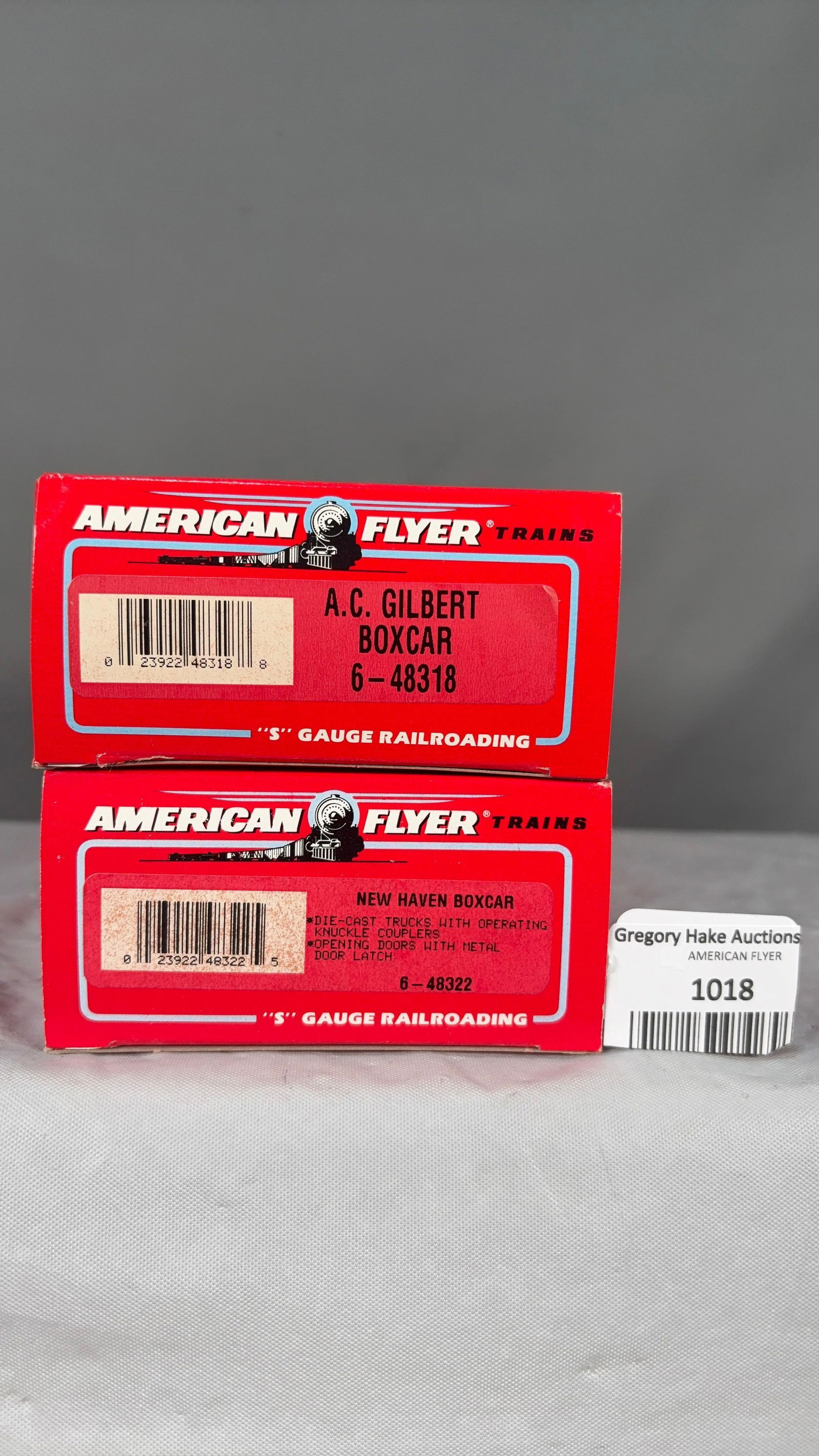 Lot of 2 American Flyer Freight Cars 6-48318 AC Gilbert Boxcar and 6-48322 New Haven Boxcar w/OBs - 2