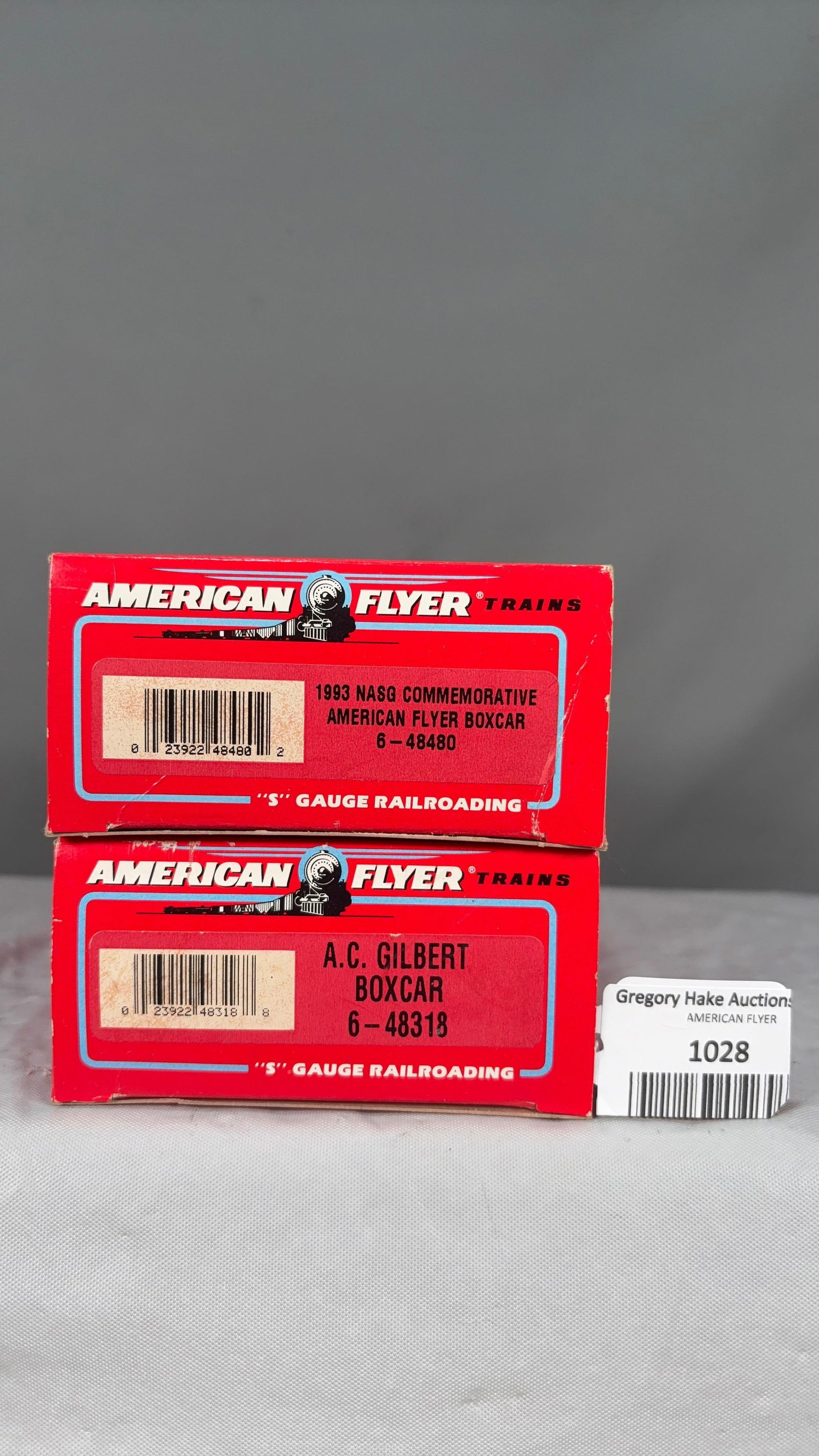 American Flyer 1993 NASG 48480 Susquehanna Commemorative Boxcar and 48318 AC Gilbert Boxcar w/obs - 2