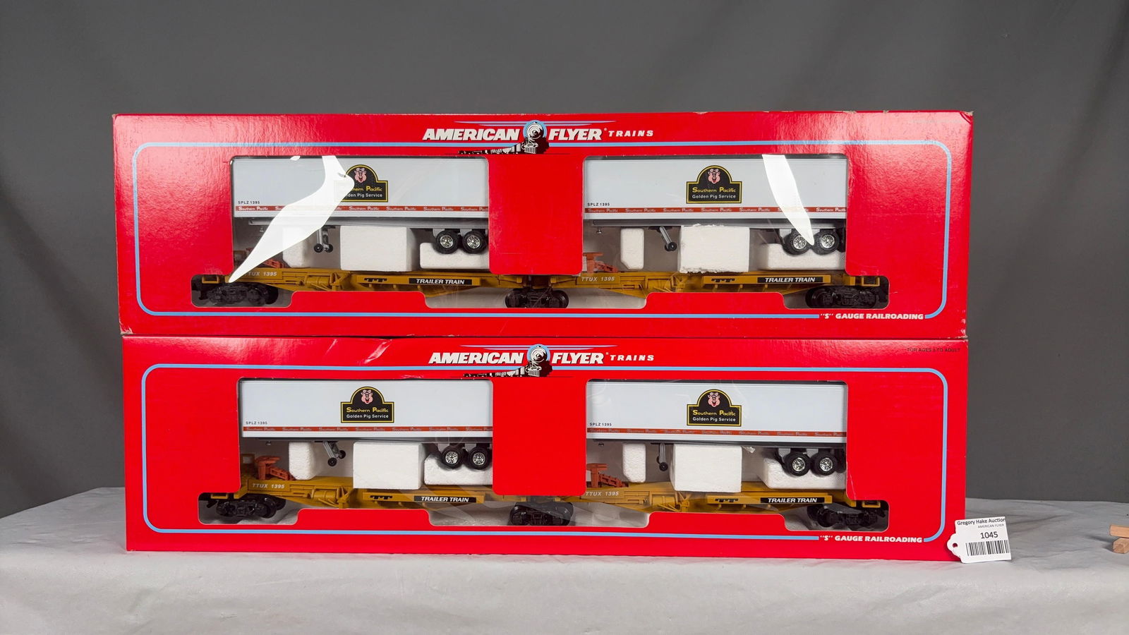 AF Lot of 2 NASG 48493 Train Trailer Flats with Southern Pacific Golden Pig Service Trailers (1 of 2)